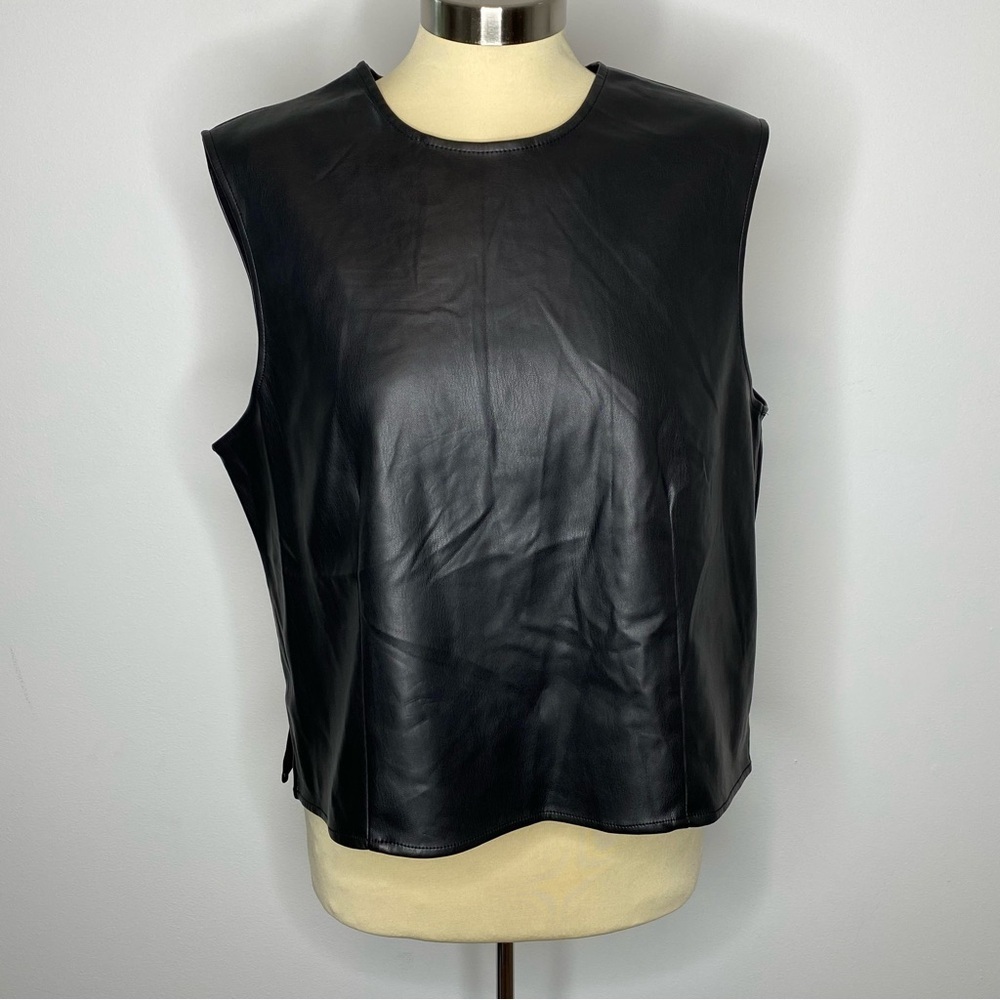 Halogen Black Faux Leather Crew Neck Sleeveless Shell Top